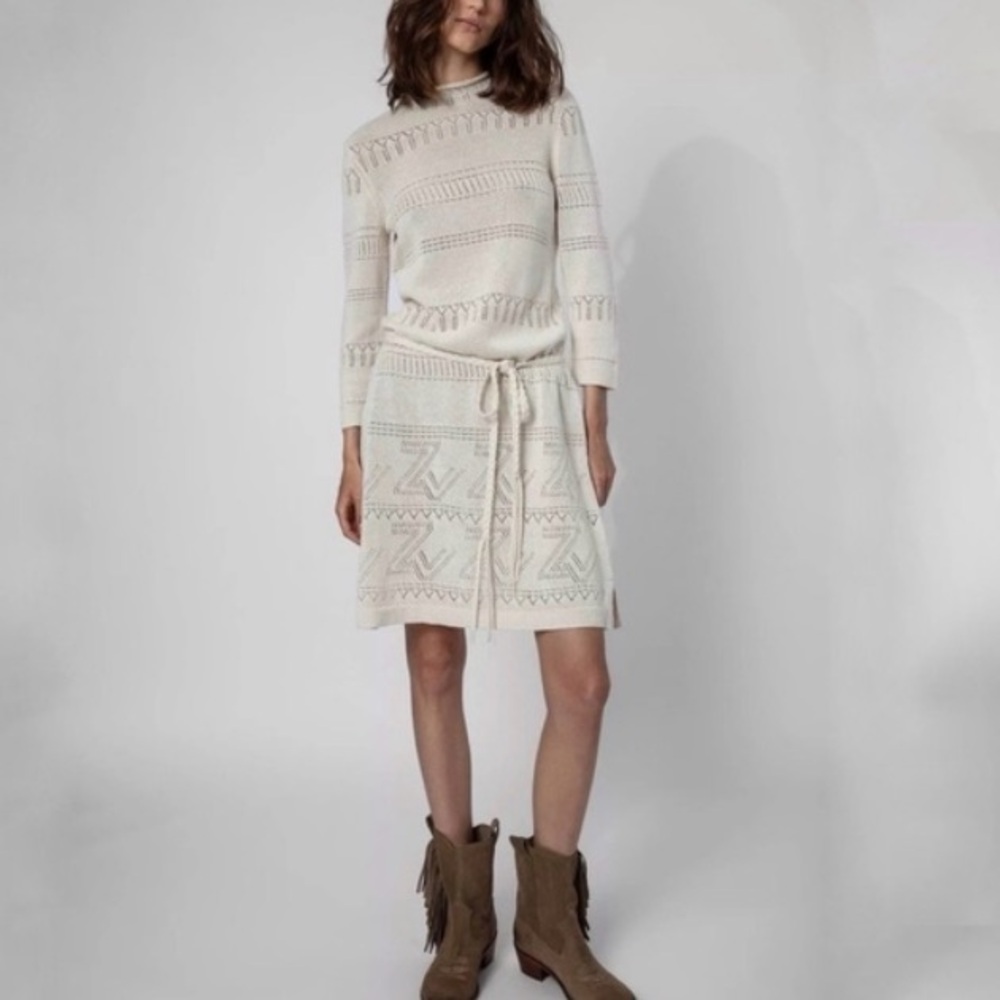 NWT Zadig & Voltaire Cecily ZV Monogrammed open knit dress size Large Ecru